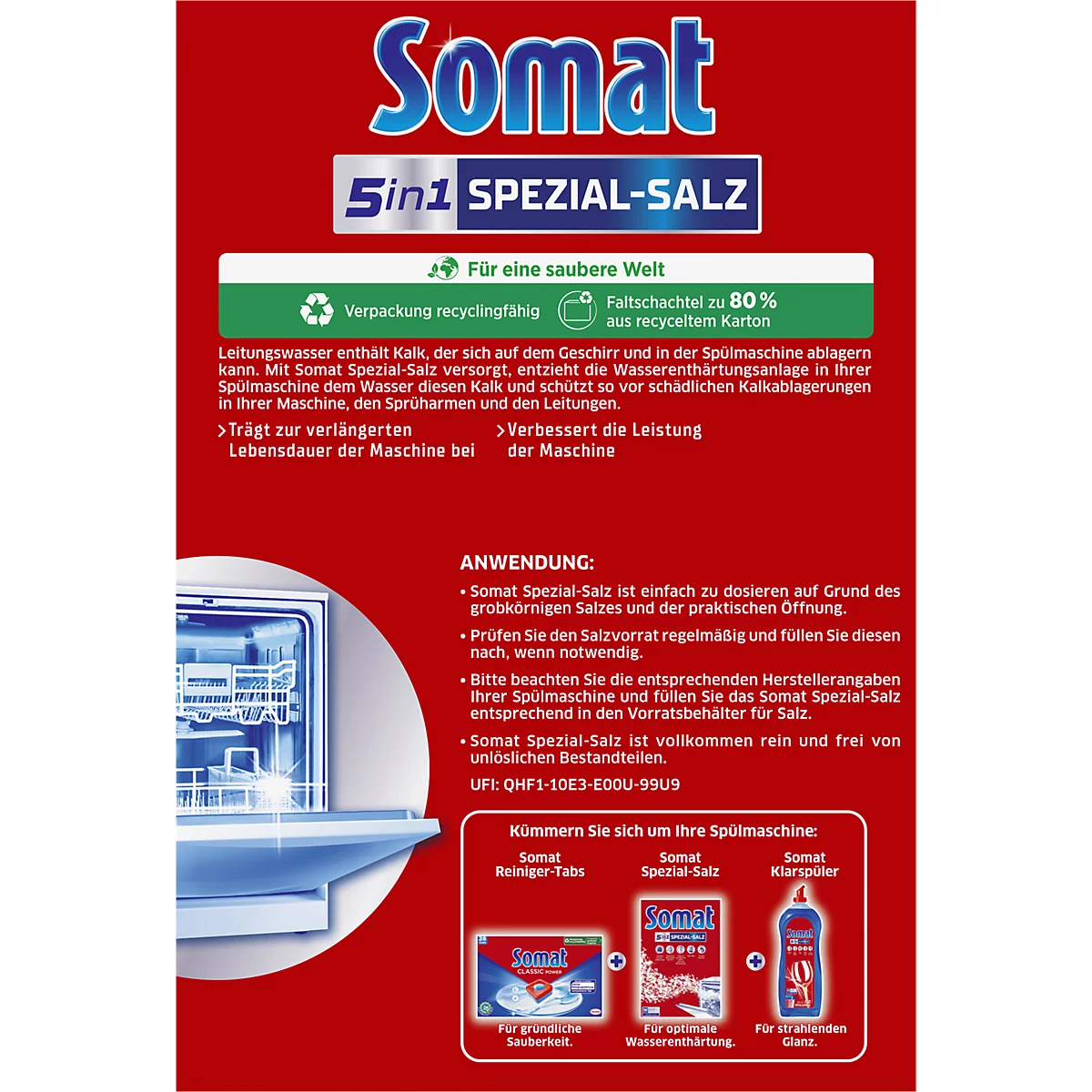 Envase rojo de Somat Special Salt. Texto: 5en1 Special Salt, Para un mundo limpio, 80% de cartón reciclado. Aplicación, instrucciones de dosificación y otros productos.