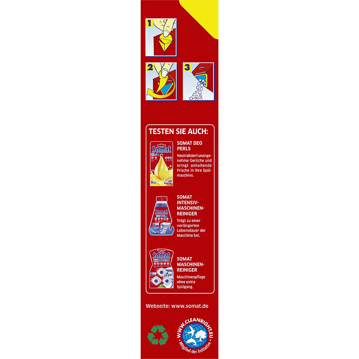 Embalaje rojo de detergente para lavavajillas Somat, con letras blancas, 1,2 kg.