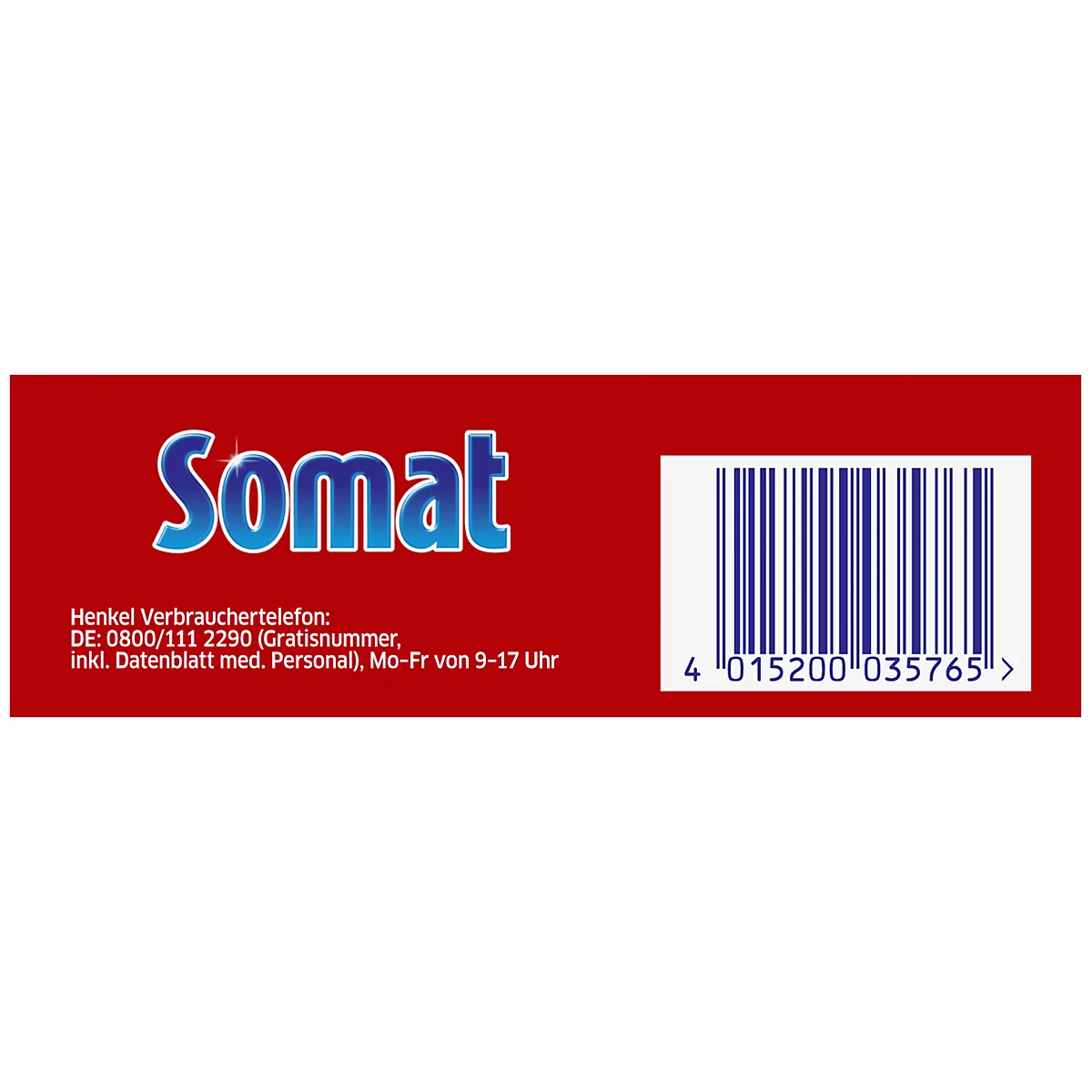 Tarjeta publicitaria roja y amarilla con imágenes de productos Somat. Instrucciones paso a paso, también pruebe: Somat, limpiador de máquinas intensivo y limpiador de máquinas. www.somat.de.