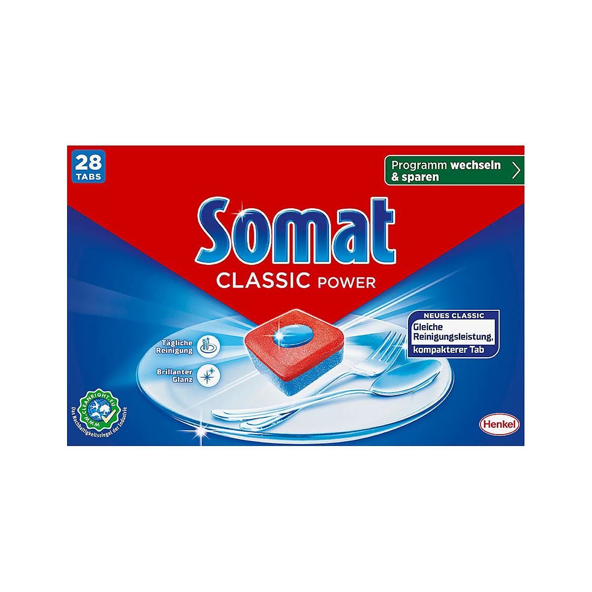 Somat Classic Power Geschirrspültabs mit Aufschrift auf rotem Hintergrund, daneben eine Tablette und Besteck.