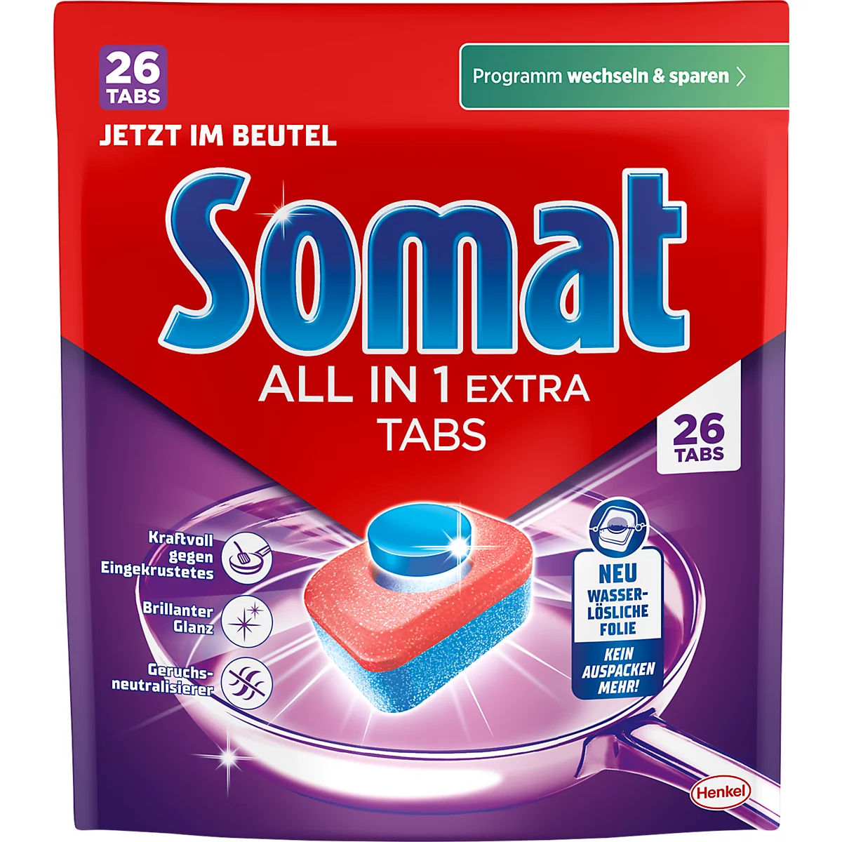 Verpakking van Somat vaatwastabletten, rood en blauw, met productinformatie en logo.