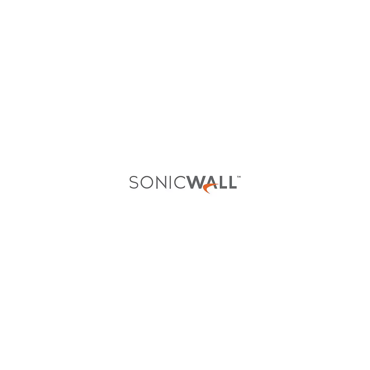 Logo von SonicWall mit grauem Schriftzug und orangefarbenem Designelement.