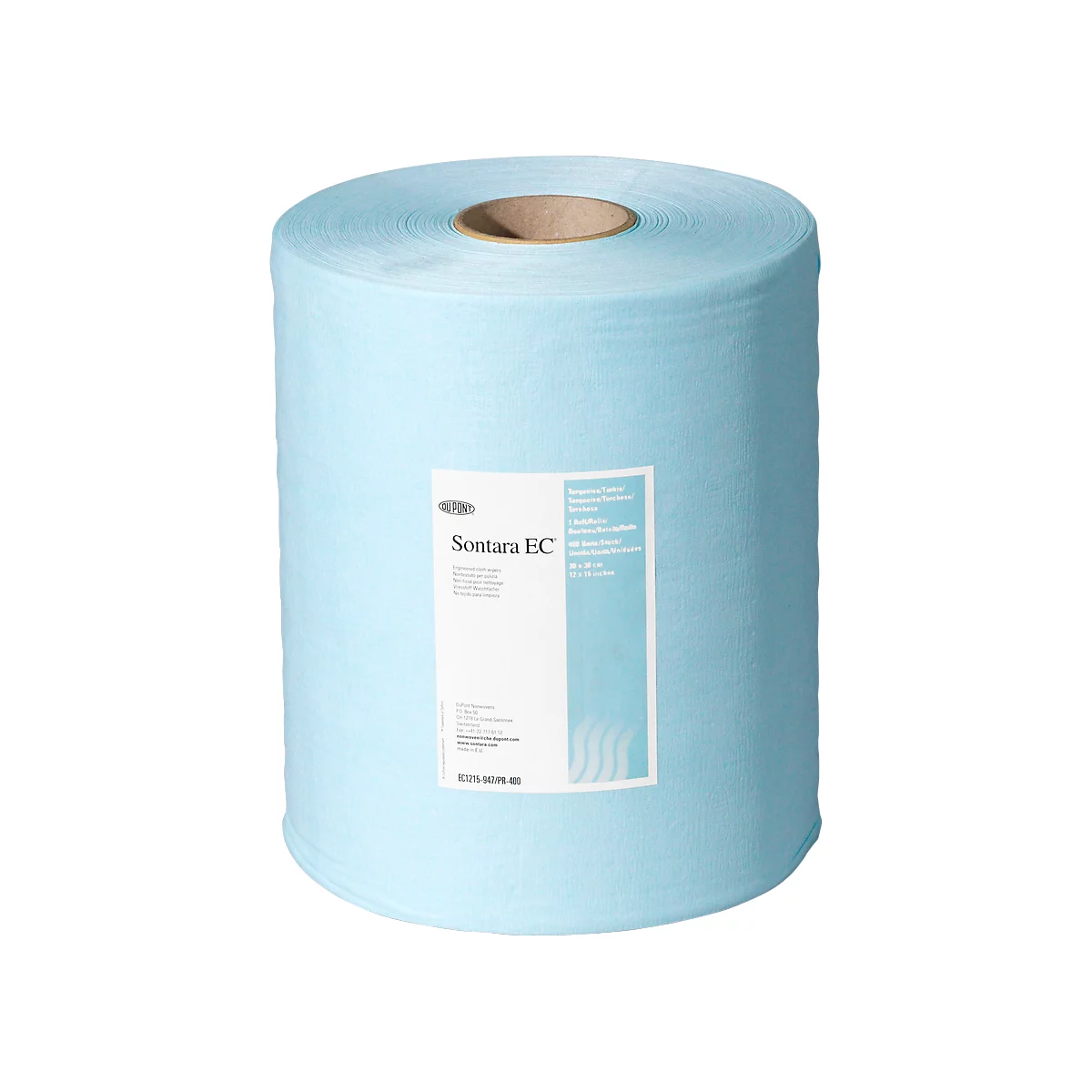 Light blue paper roll, presumably cleaning wipes, with print: Sontara EC.