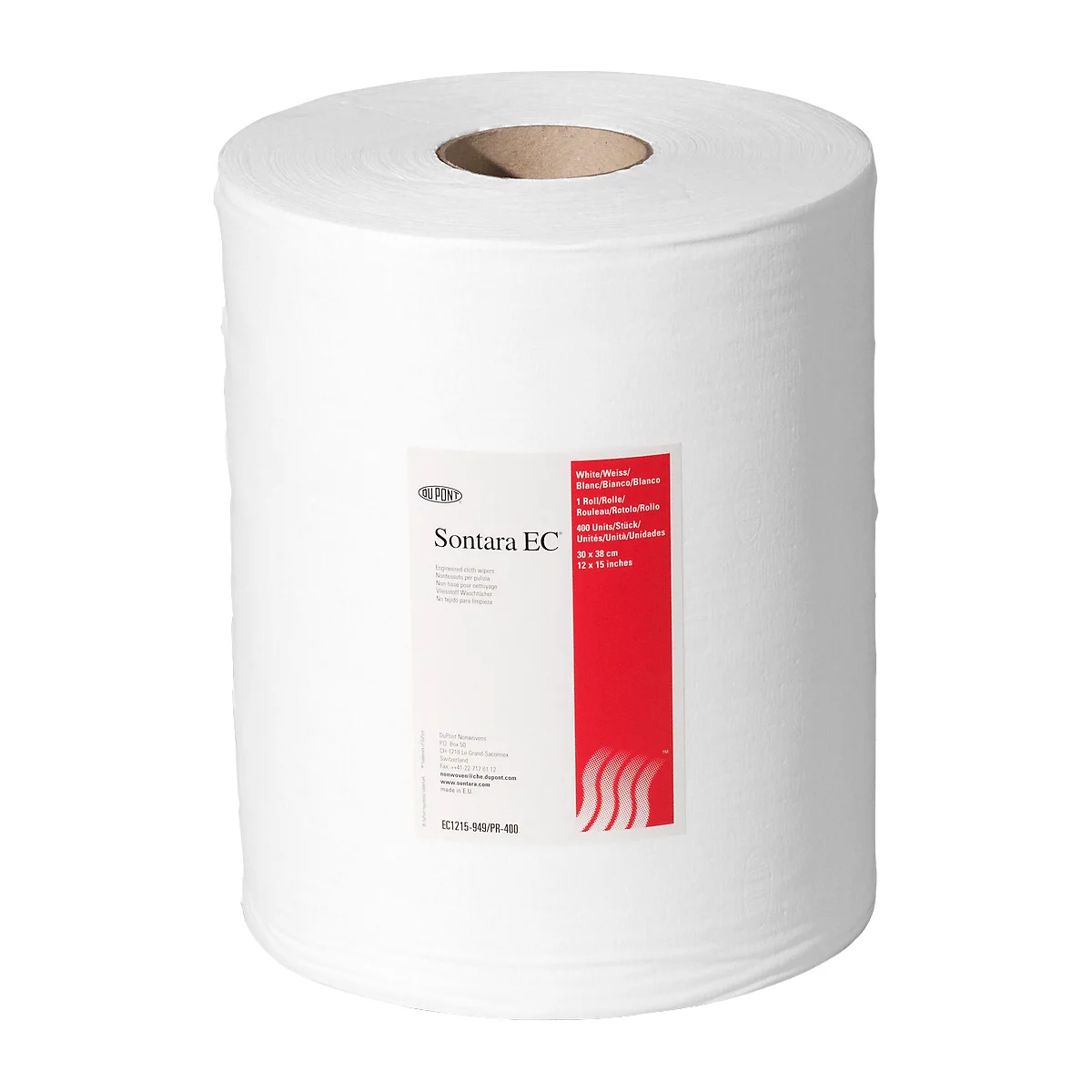 A roll of white paper with print. A red rectangle with text and the DuPont Sontara EC logo are printed on it.