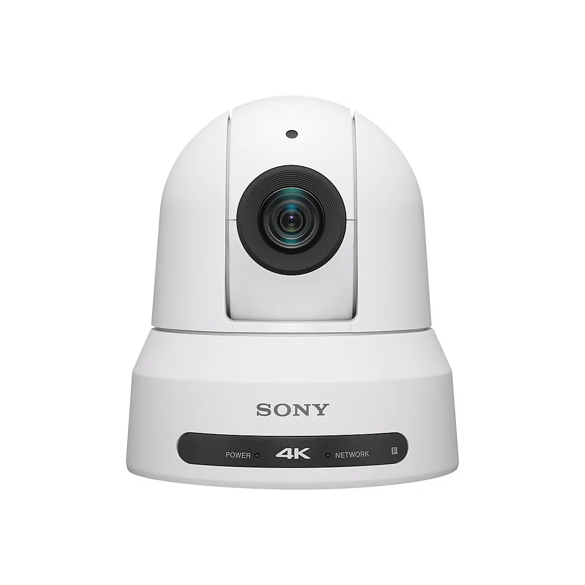 Eine weiße Sony 4K-Kamera, mit Objektiv und Bedienfeld mit Schriftzügen "POWER", "4K" und "NETWORK".