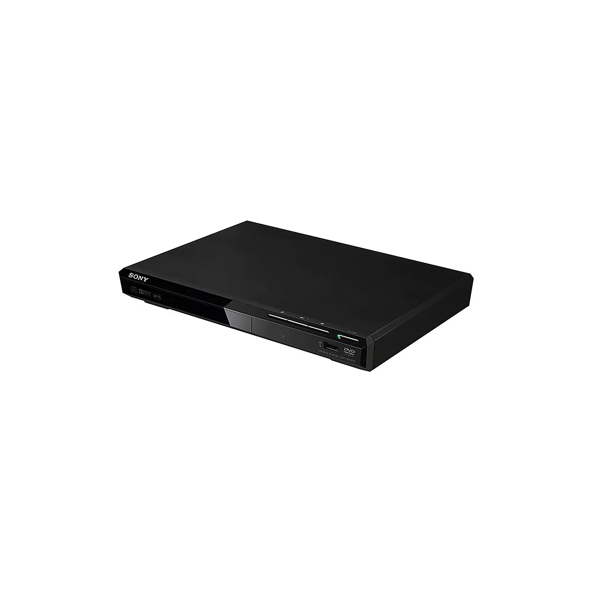 Schwarzer DVD-Player, Marke Sony, liegt auf einer weiÃŸen OberflÃ¤che. Auf der Vorderseite befinden sich ein Einschubfach und BedienknÃ¶pfe.