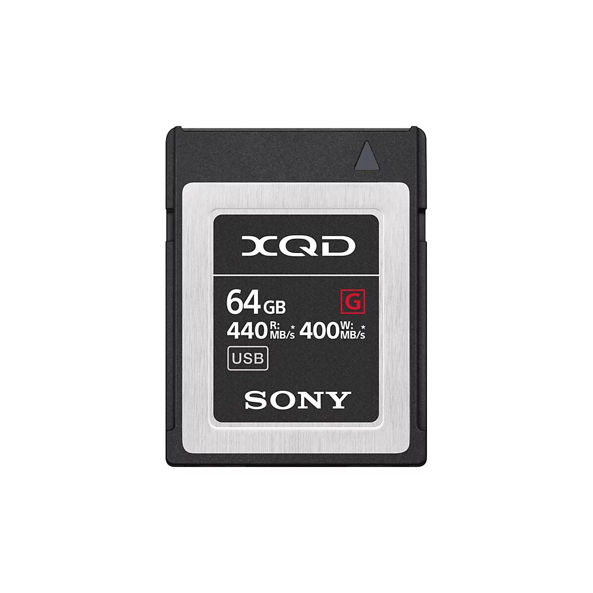 Carte mÃ©moire XQD noire de Sony avec 64 Go, 440 Mo/s en lecture, 400 Mo/s en Ã©criture, logo USB. Inscription: XQD.