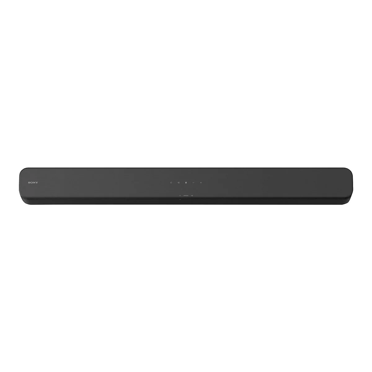 Schwarze Soundbar, mittig platziert. Auf der linken Seite steht der Name 'Sony'. Auf der Oberseite befinden sich Bedienelemente.