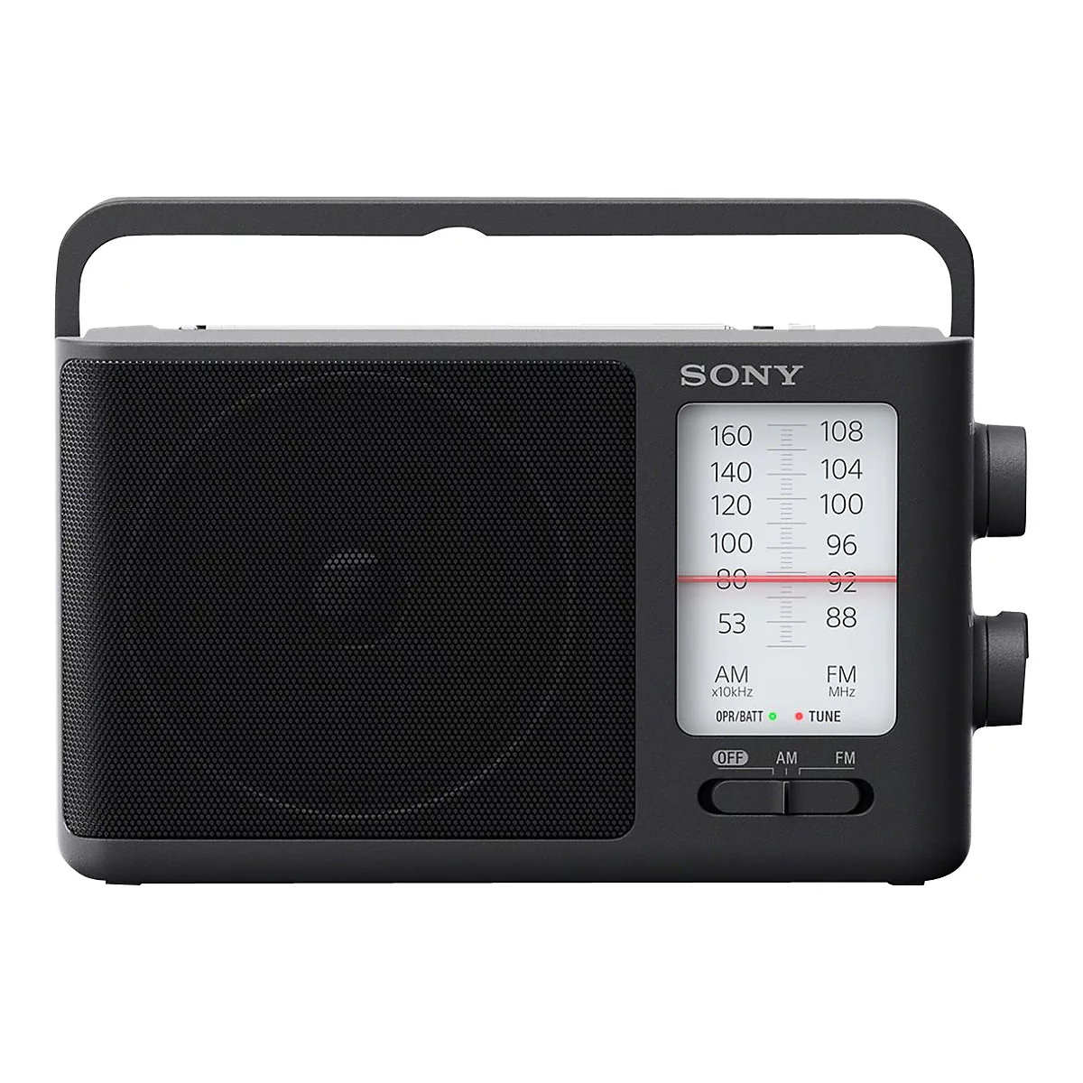 Schwarzes Sony Radio mit Tragegriff und Frequenzanzeige. AM/FM, rote Linie bei 98.