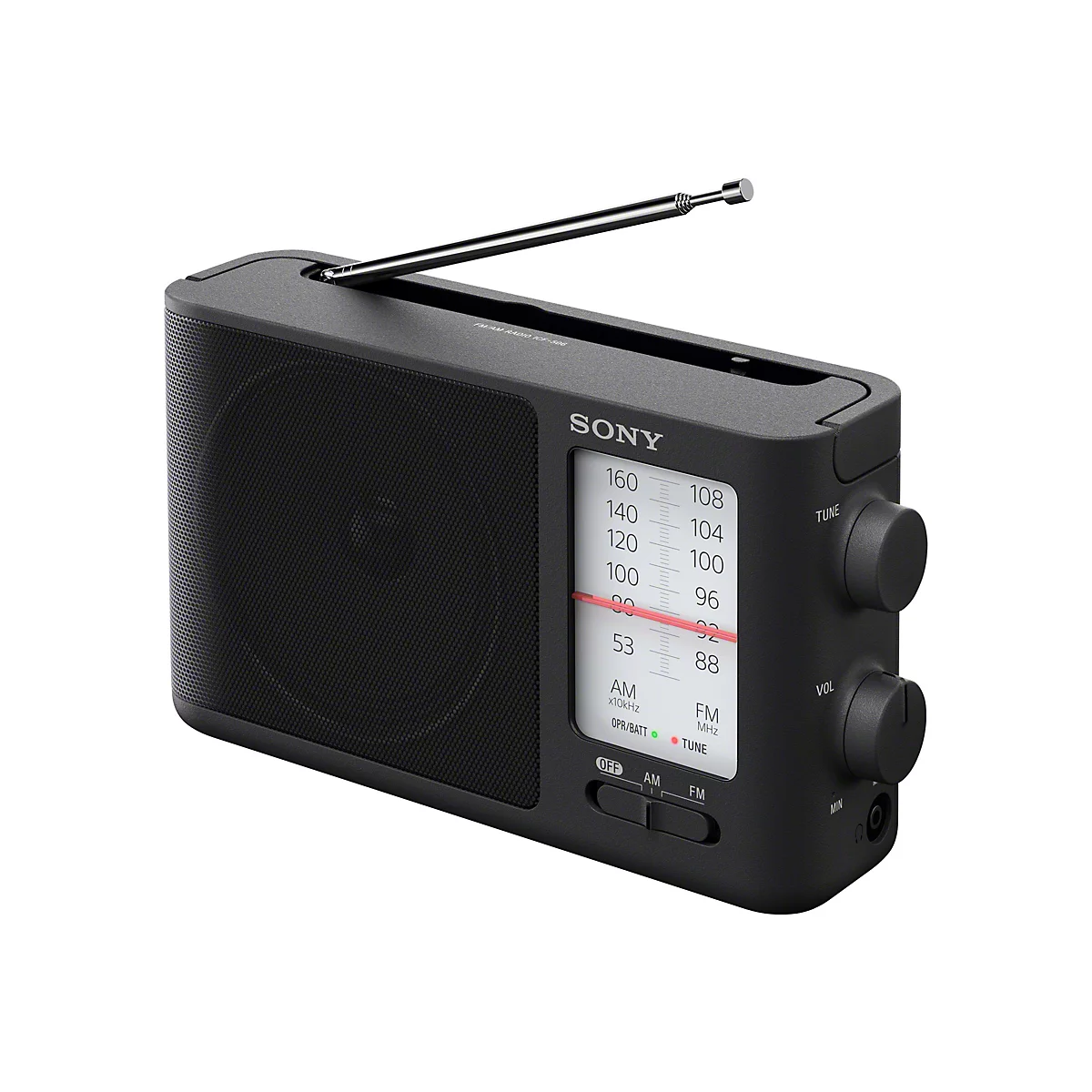 Schwarzes Radio der Marke Sony mit Antenne und EinstellknÃ¶pfen.