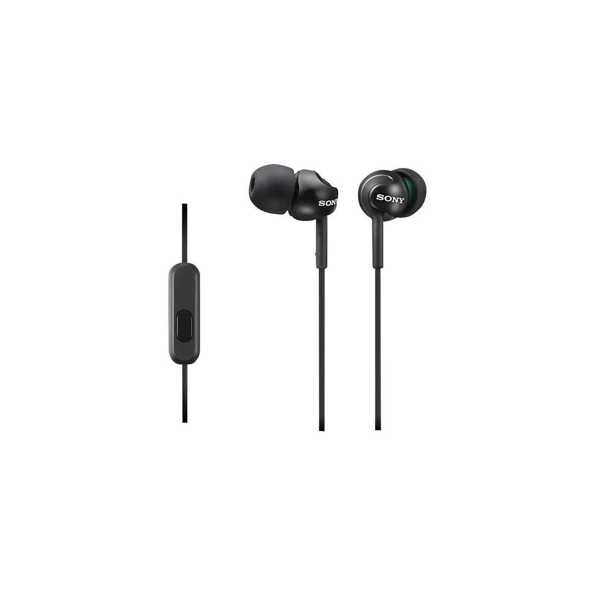 Schwarze In-Ear-KopfhÃ¶rer von Sony. Beide KopfhÃ¶rer und die Fernbedienung sind im Bild zu sehen.