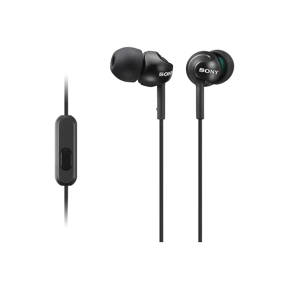 Schwarze Sony-In-Ear-KopfhÃ¶rer mit Kabel und Mikrofon-Fernbedienung. Auf den HÃ¶rern steht SONY.