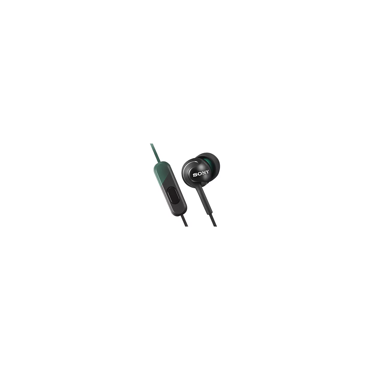 Schwarze In-Ear-KopfhÃ¶rer mit einem grÃ¼nen Kabel und der Aufschrift SONY.