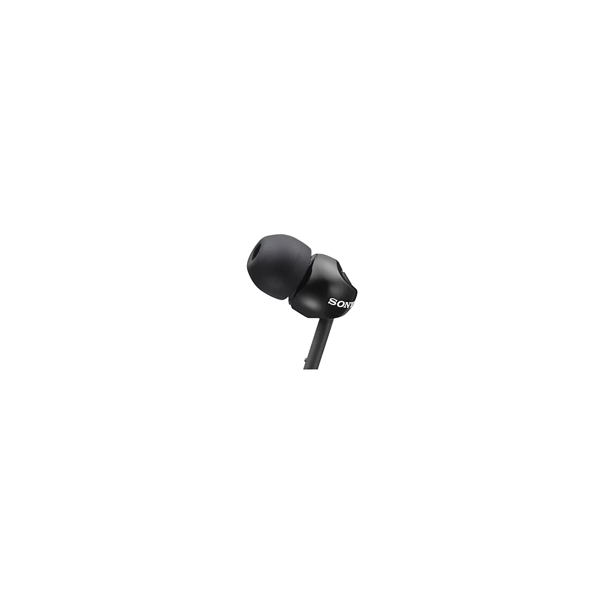 Schwarzer OhrhÃ¶rer mit Schaumstoffaufsatz und Sony-Logo. Kabel zum Anschluss.