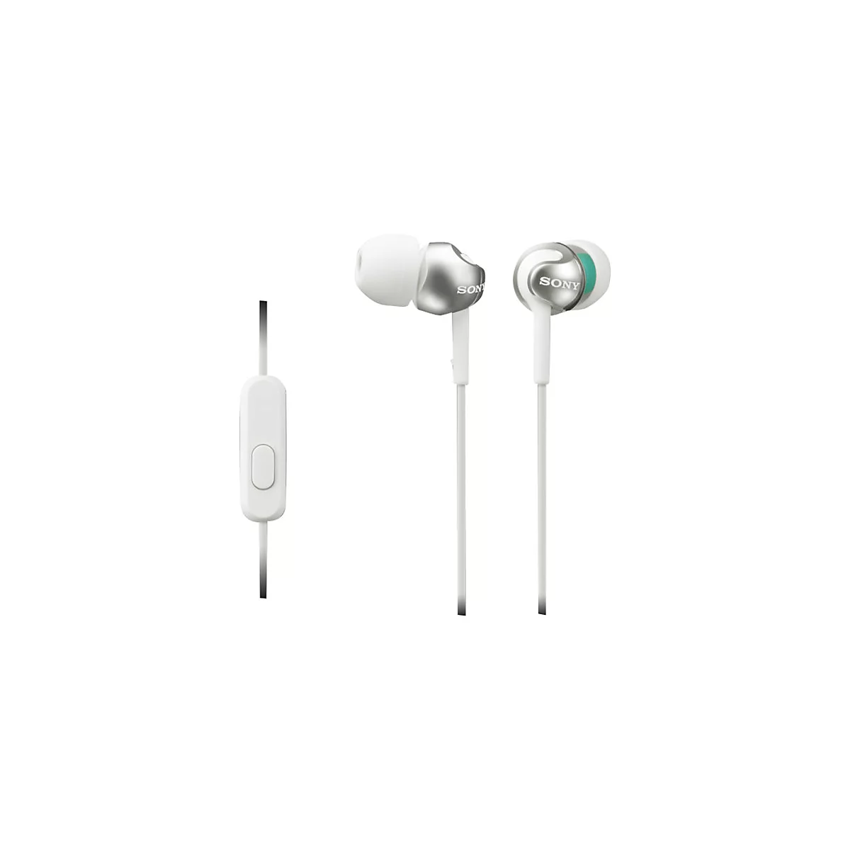 Weisse Sony In-Ear-Kopfhörer mit silbernen Akzenten, die Kabel haben eine Fernbedienung.