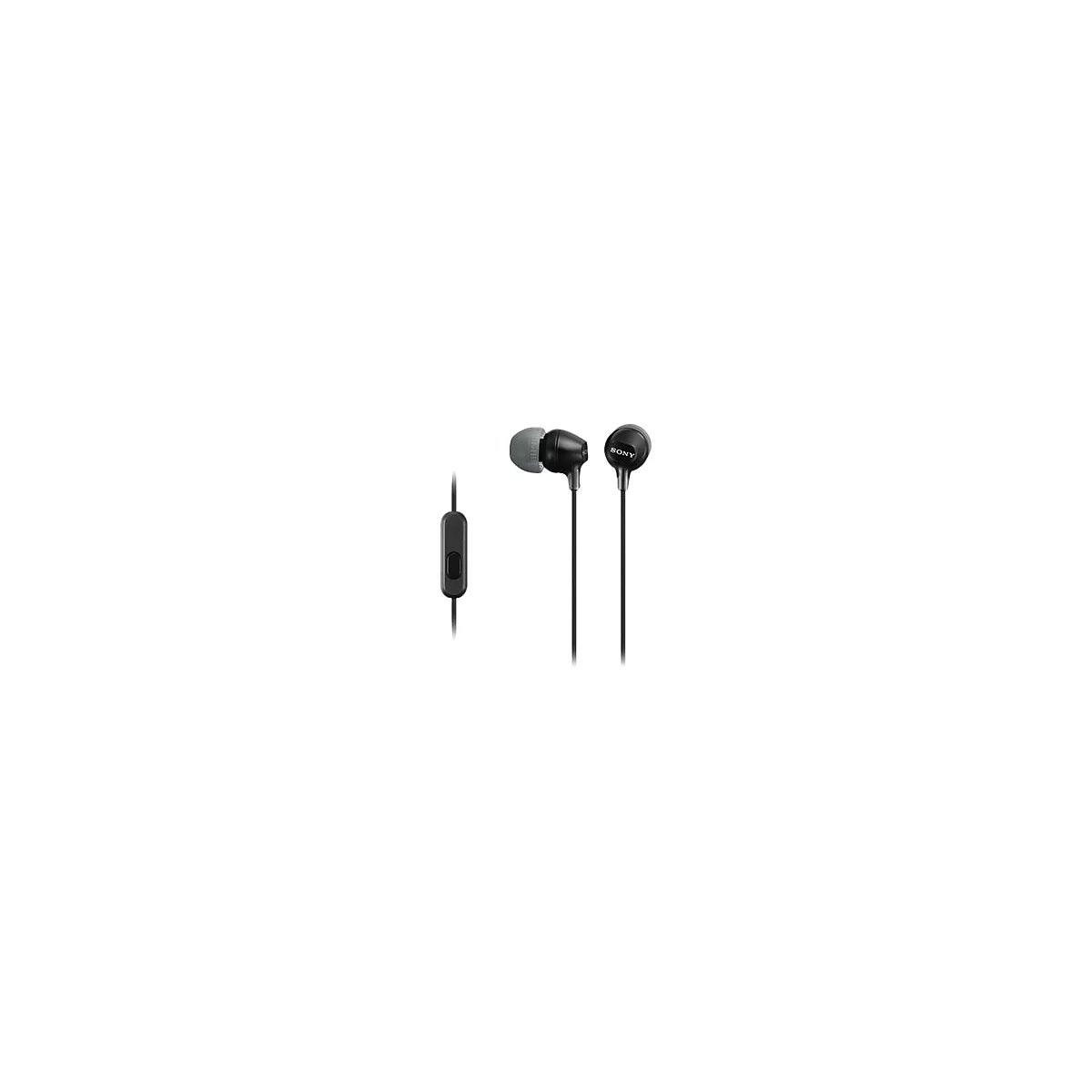 Schwarze Sony In-Ear-KopfhÃ¶rer mit Kabel und Mikrofon. Ein HÃ¶rer mit Logo. Graue OhrstÃ¶psel.