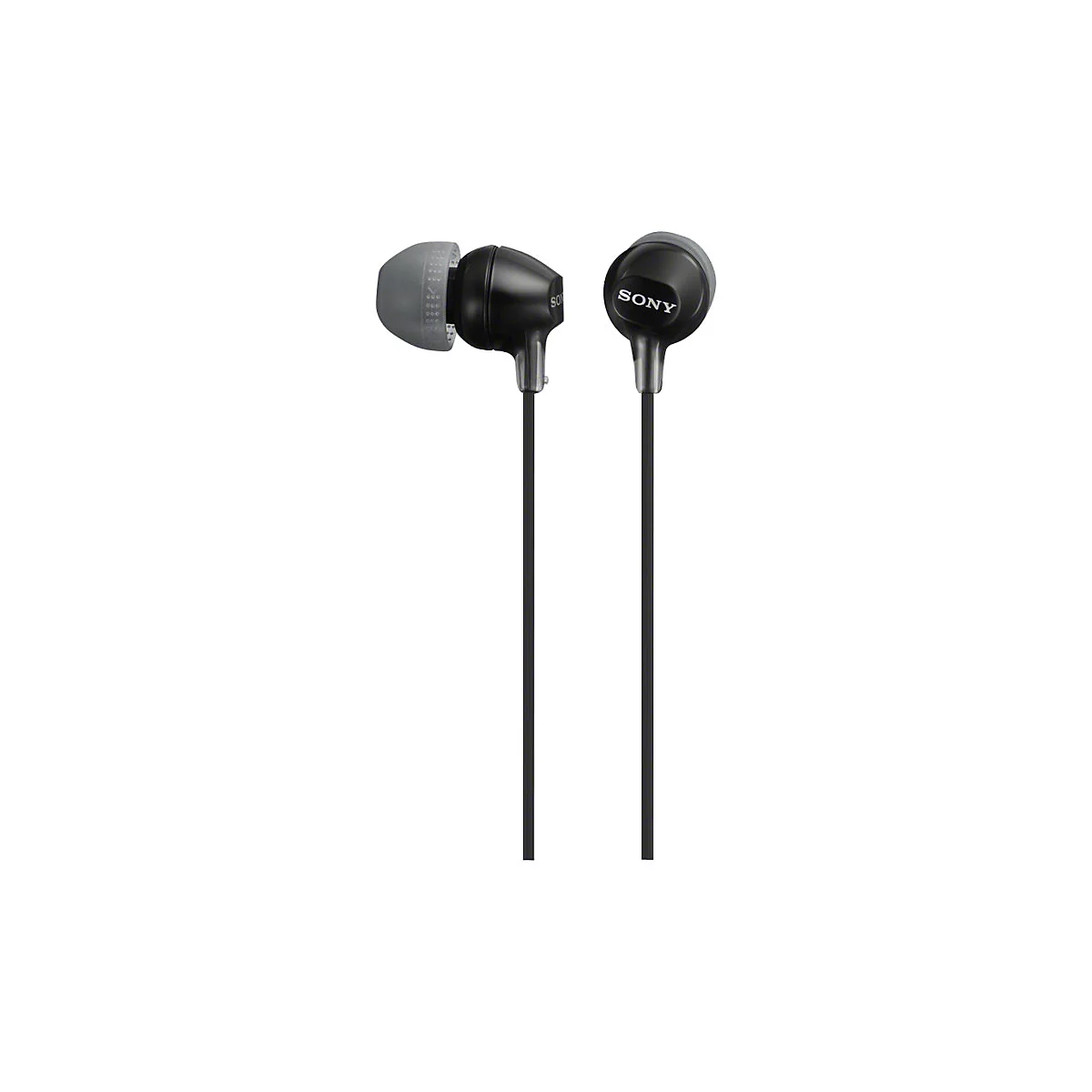 Schwarze In-Ear-KopfhÃ¶rer von Sony mit grauen OhrstÃ¶pseln und schwarzem Kabel vor weiÃŸem Hintergrund.
