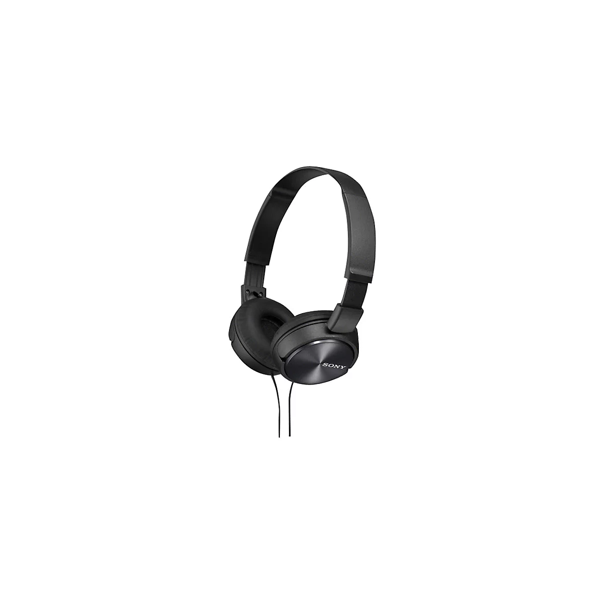 Schwarzer Sony-Kopfhörer auf weißem Hintergrund. Ohrmuscheln, Kopfband und Kabel erkennbar.