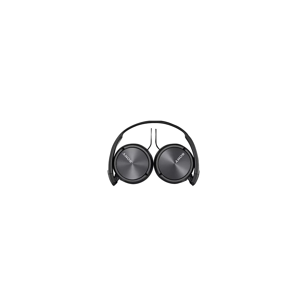 Schwarzer Sony-Kopfhörer, von oben fotografiert. Die Ohrmuscheln sind rund und tragen das Sony-Logo. Der Bügel ist schwarz.