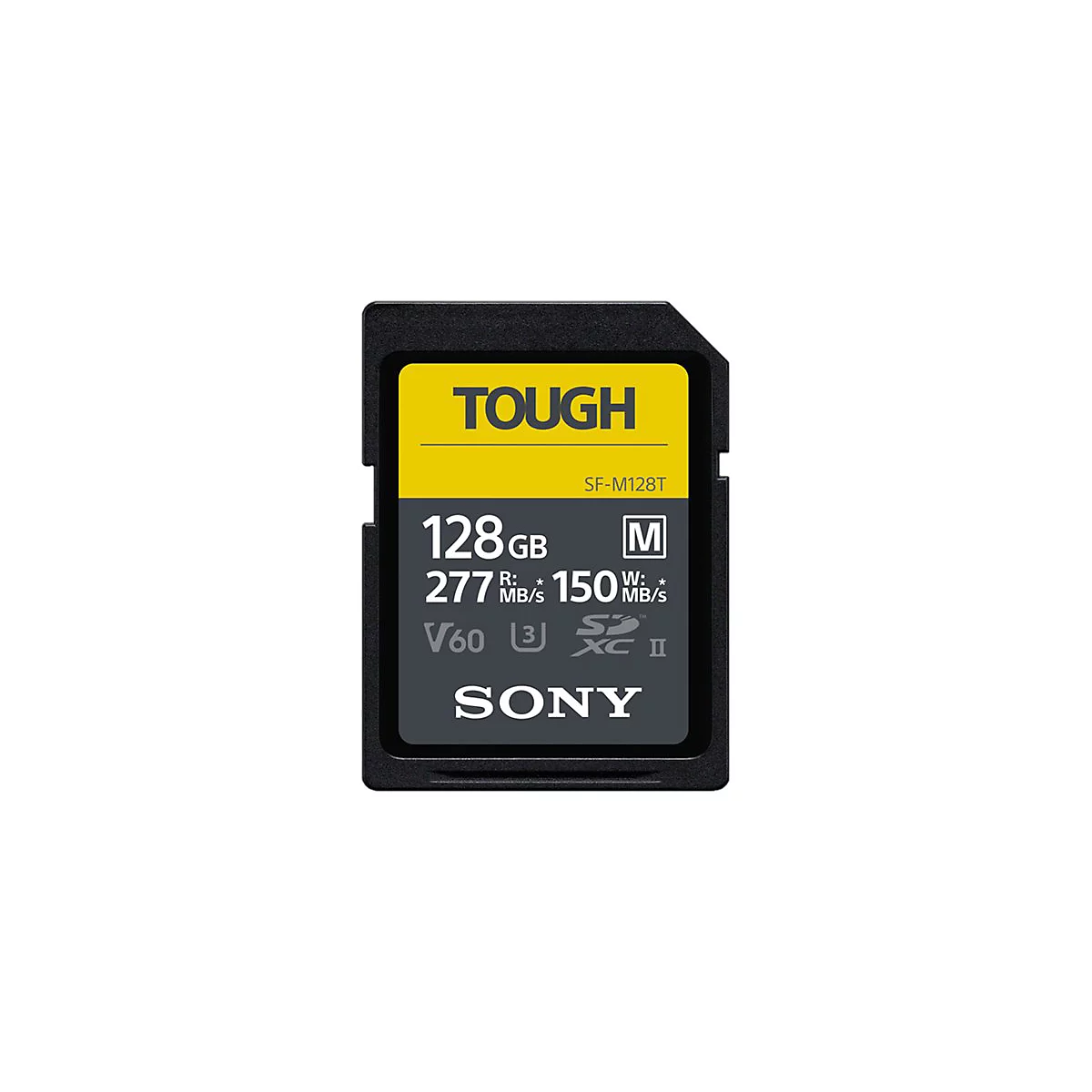 Schwarze SD-Karte mit gelbem Akzent, die die Aufschrift TOUGH und 128 GB zeigt.