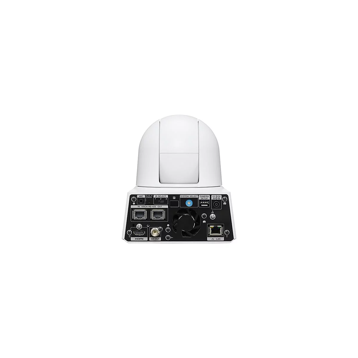 Rückansicht einer weißen PTZ-Kamera. Mit Anschlüssen für HDMI, LAN, SDI und Strom.
