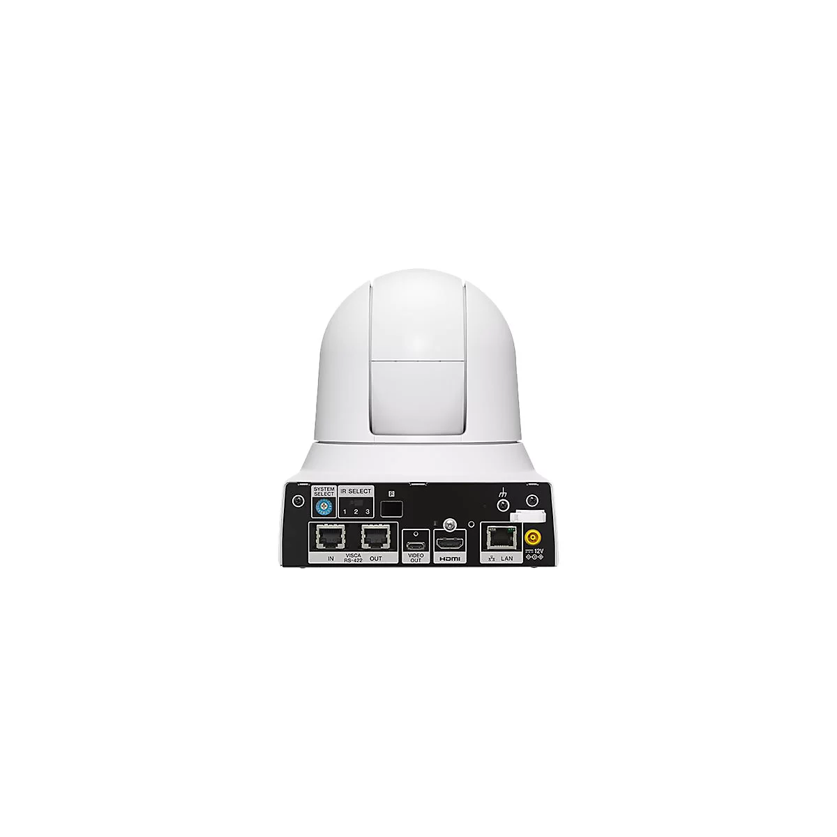 Weisse Überwachungskamera mit Anschlüssen. Rückseite mit Beschriftungen: IN, VISCA RS-422 OUT, HDMI, LAN. Auch ein Stromanschluss ist zu sehen.