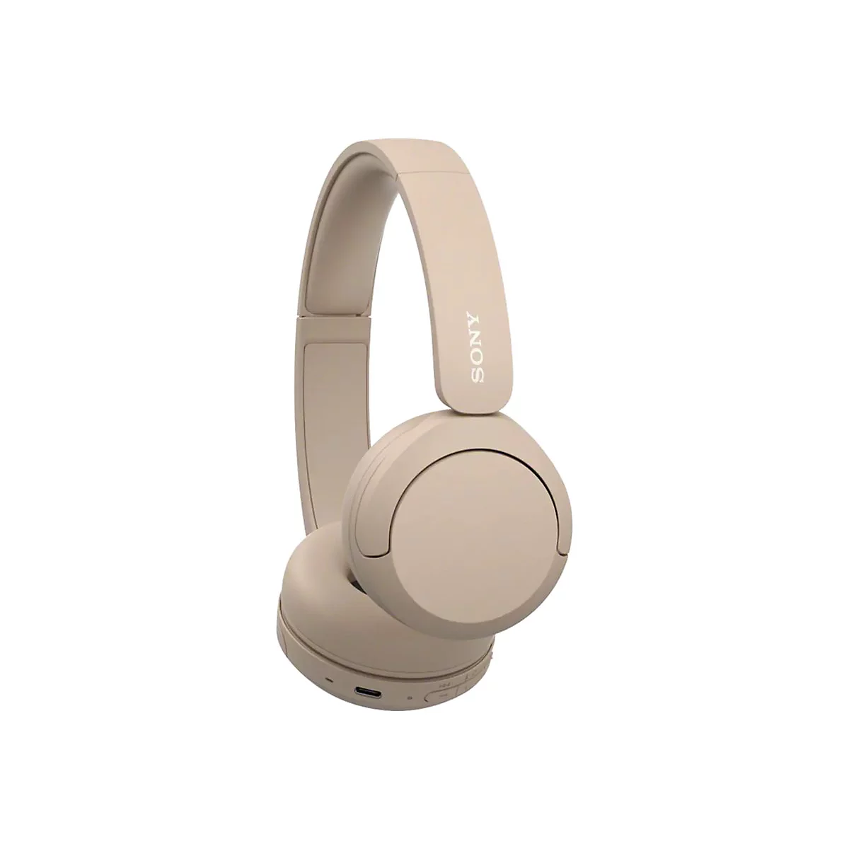 Beige Sony Kopfhörer, die leicht geneigt auf weißem Hintergrund dargestellt werden.