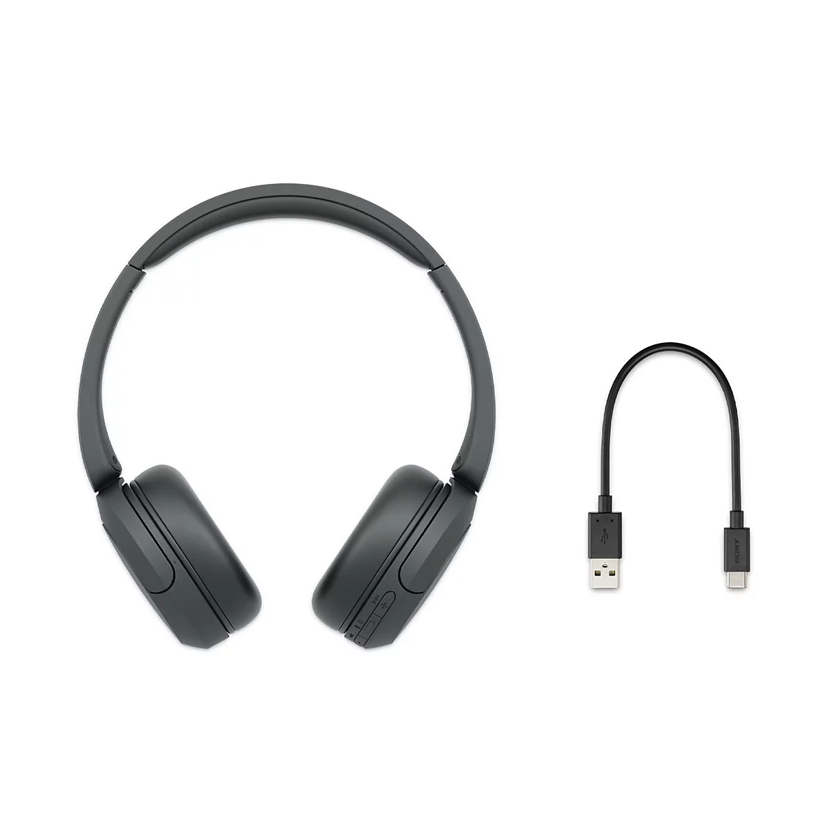Dunkelgrauer kabelloser KopfhÃ¶rer und ein schwarzes USB-Kabel auf weiÃŸem Hintergrund.