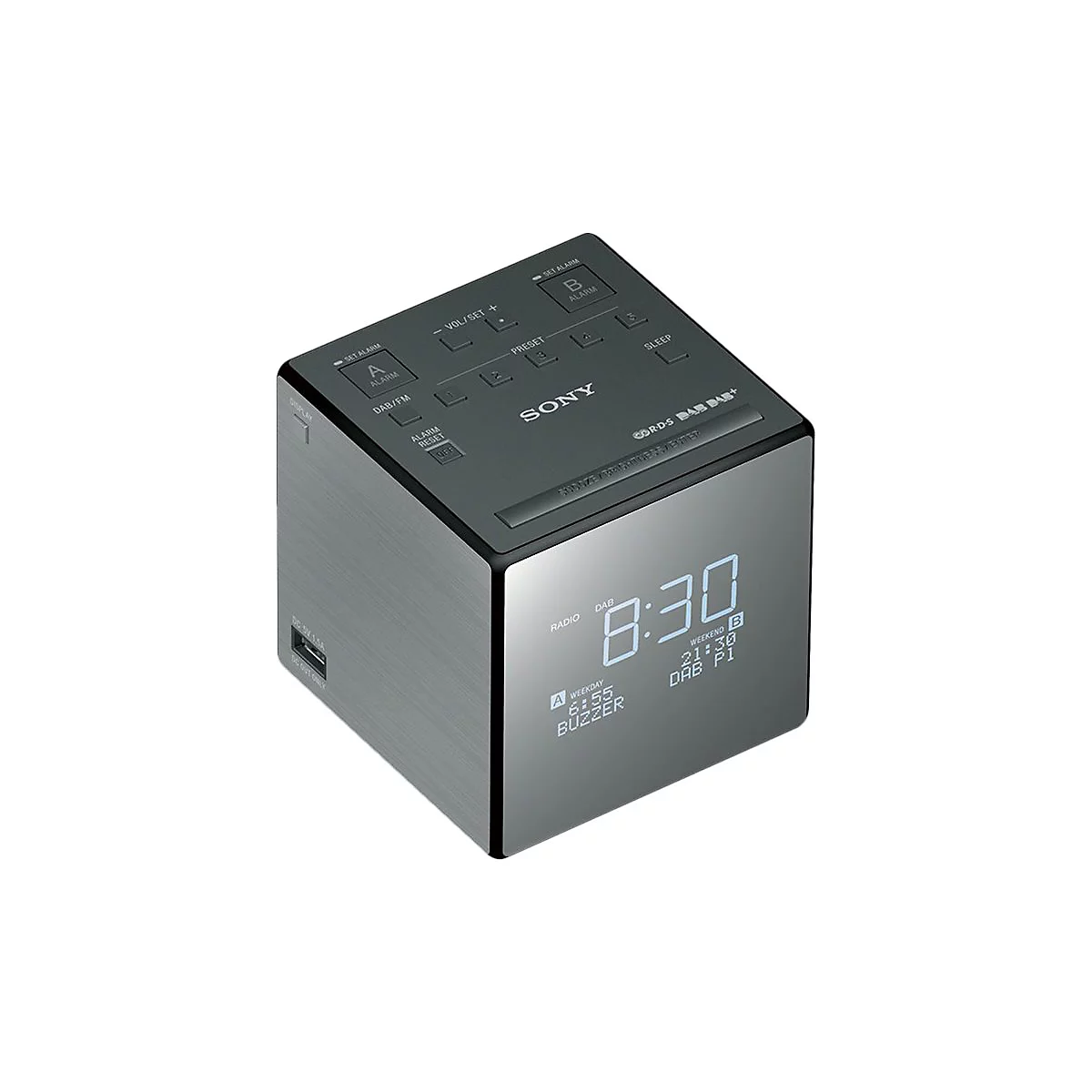Grau-schwarzer WÃ¼rfel-Wecker mit digitaler Zeitanzeige 8:30. Oben und vorne KnÃ¶pfe, seitlich USB-Anschluss. Marke: Sony.