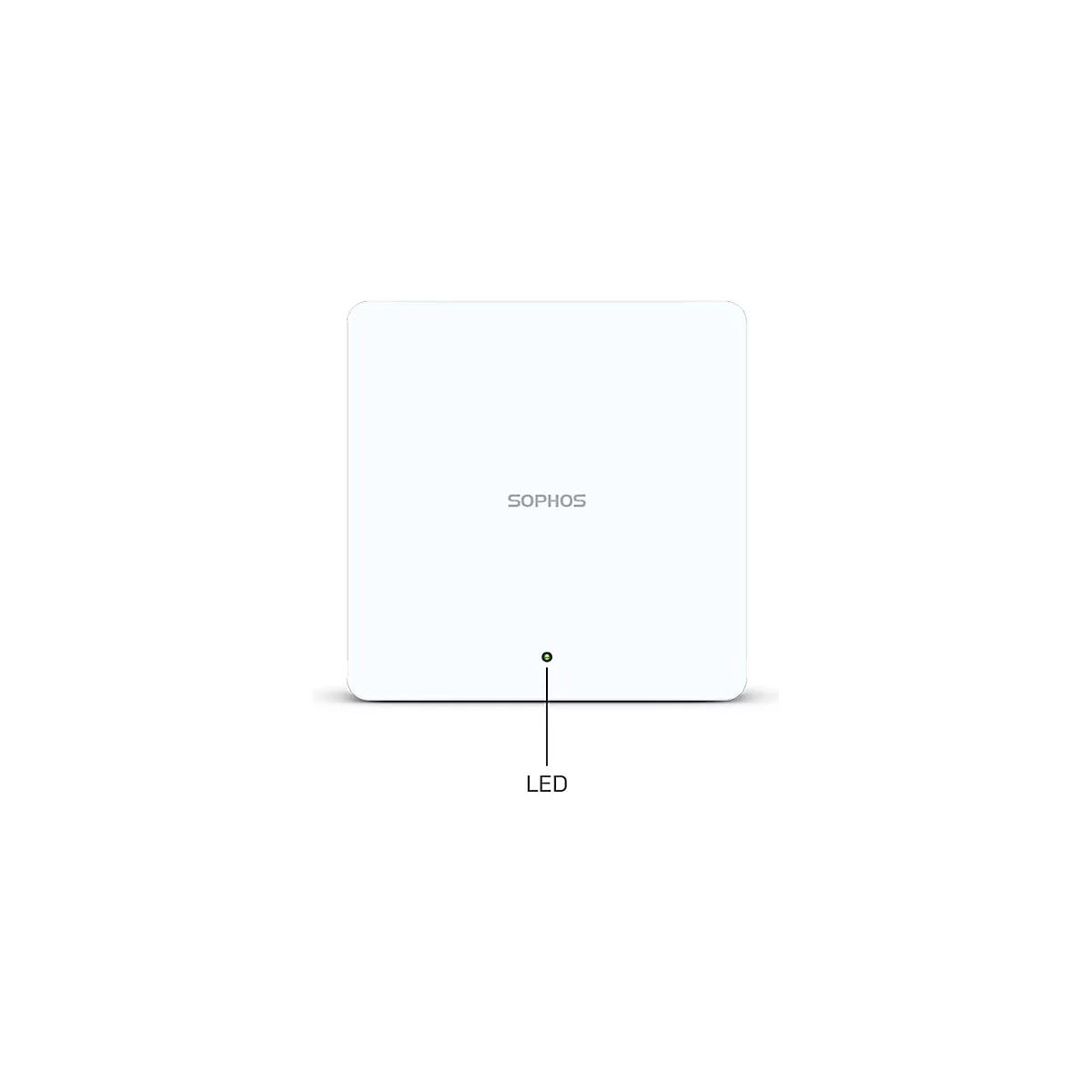 Boîte Sophos rectangulaire blanche avec une lumière LED verte en bas.