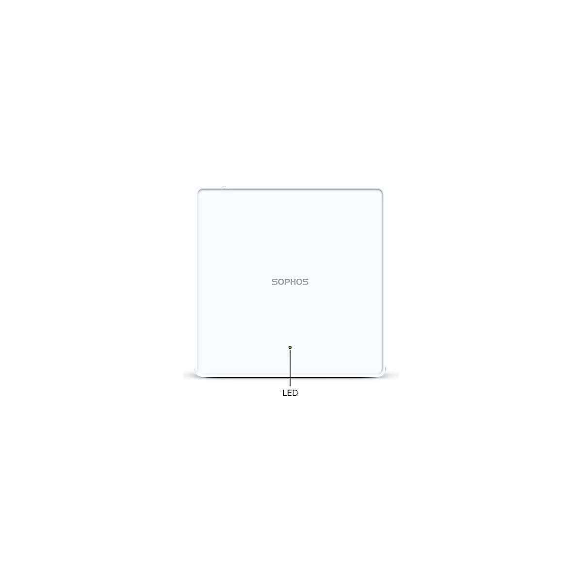 Un appareil carré blanc avec le logo Sophos et un indicateur LED. Le texte "LED" est inscrit sous la LED.