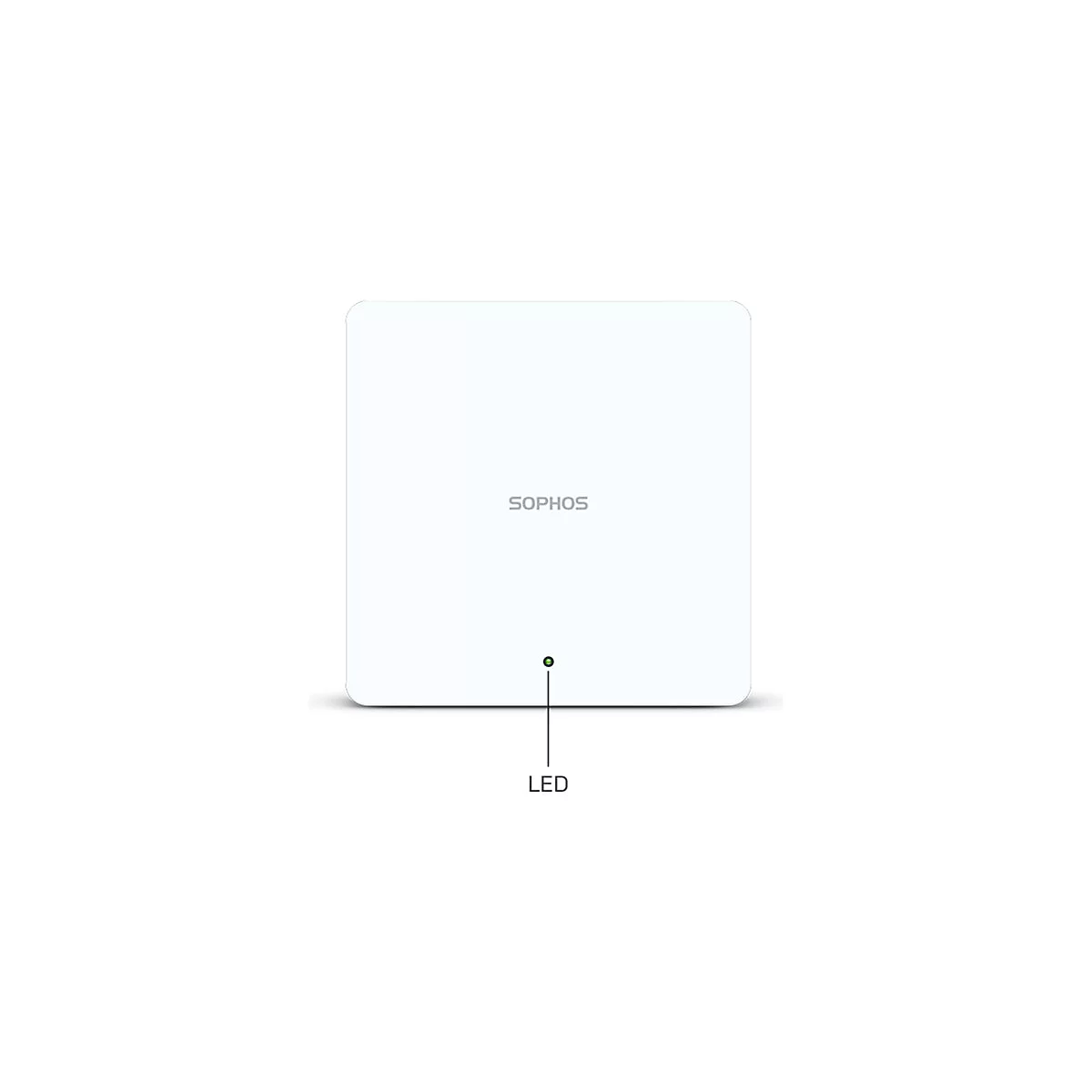 Rechteckiger, weißer Netzwerk-Router mit Sophos-Logo. Unten: grünes LED-Licht und Schriftzug 'LED'.