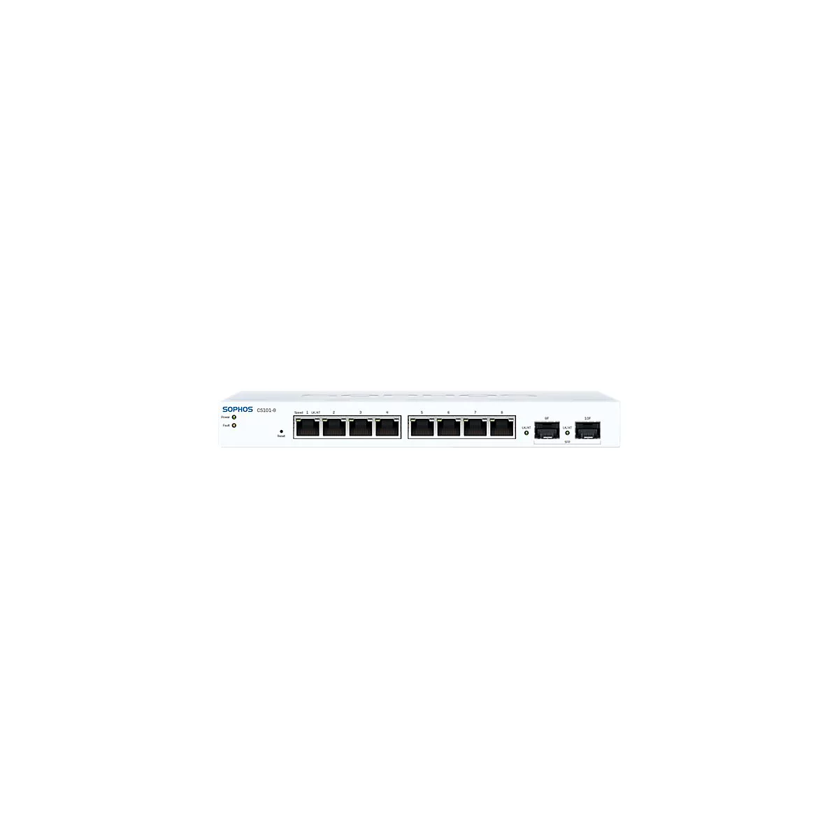 Appareil rÃ©seau blanc avec huit ports et connexions sur fond blanc. L'appareil porte le logo SOPHOS.