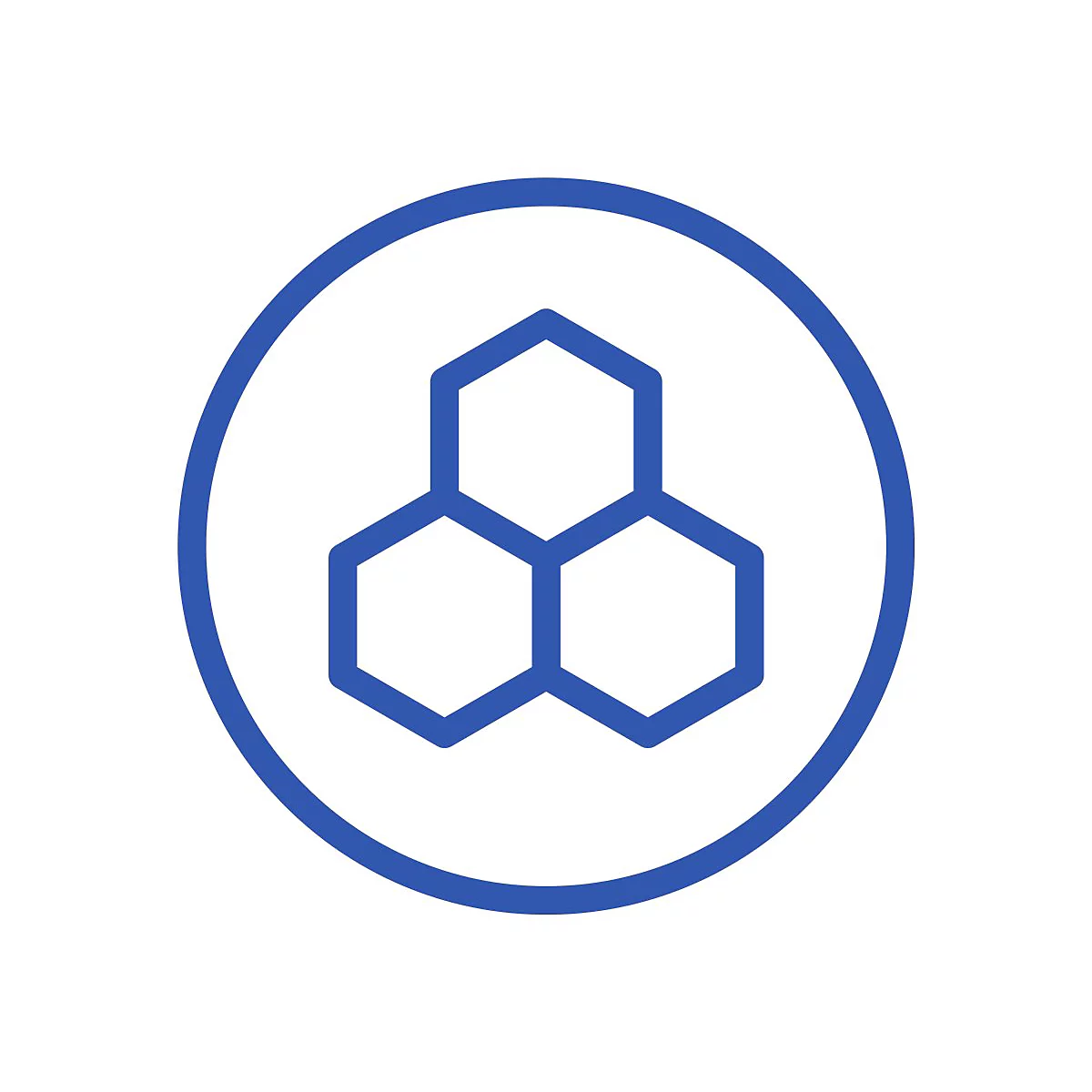 Blaues Symbol, drei ineinander verschachtelte sechseckige Formen in einem Kreis.