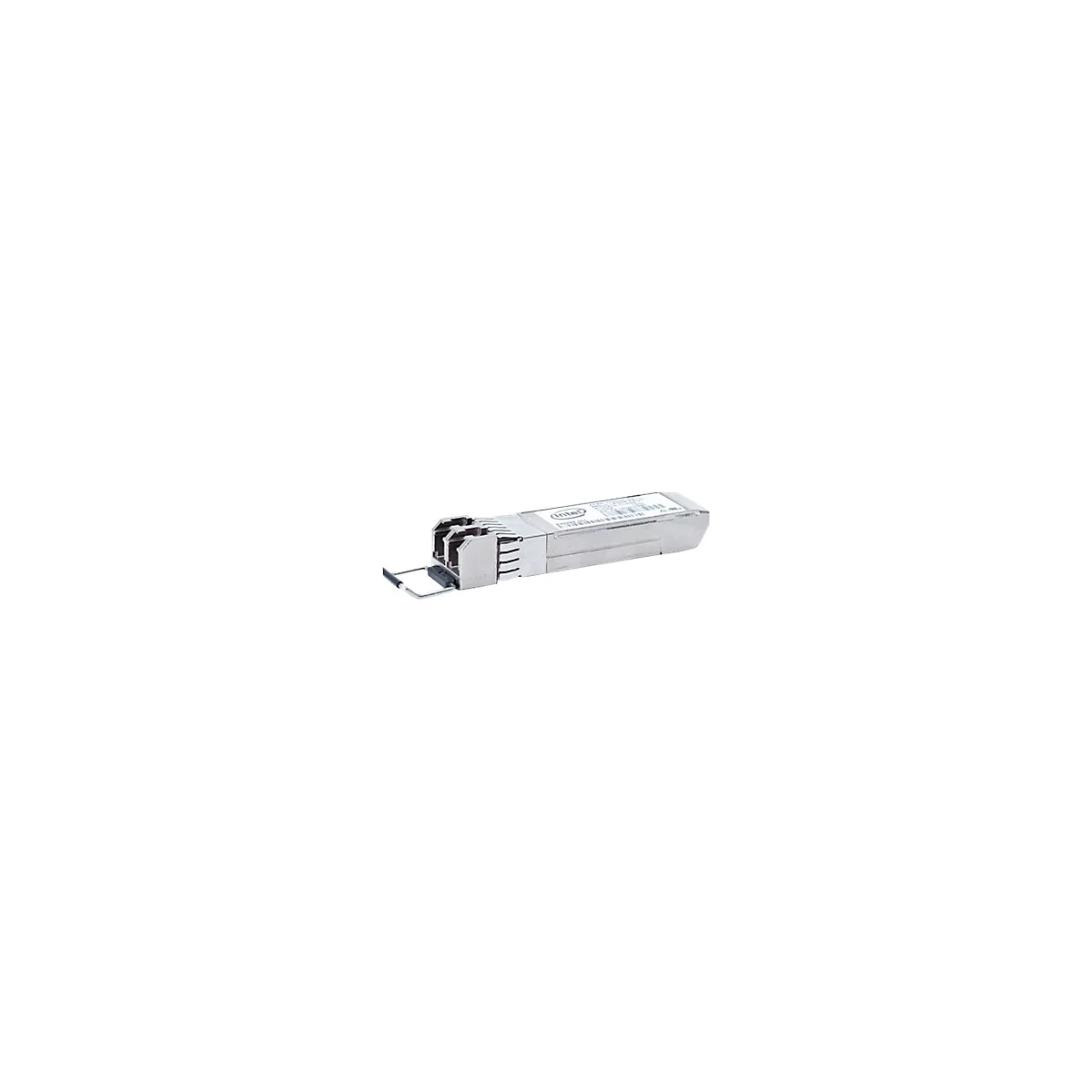 Silbernes Intel SFP-Modul mit Text und Logo. Es hat eine metallische HÃ¼lle und eine schwarze Griffvorrichtung.