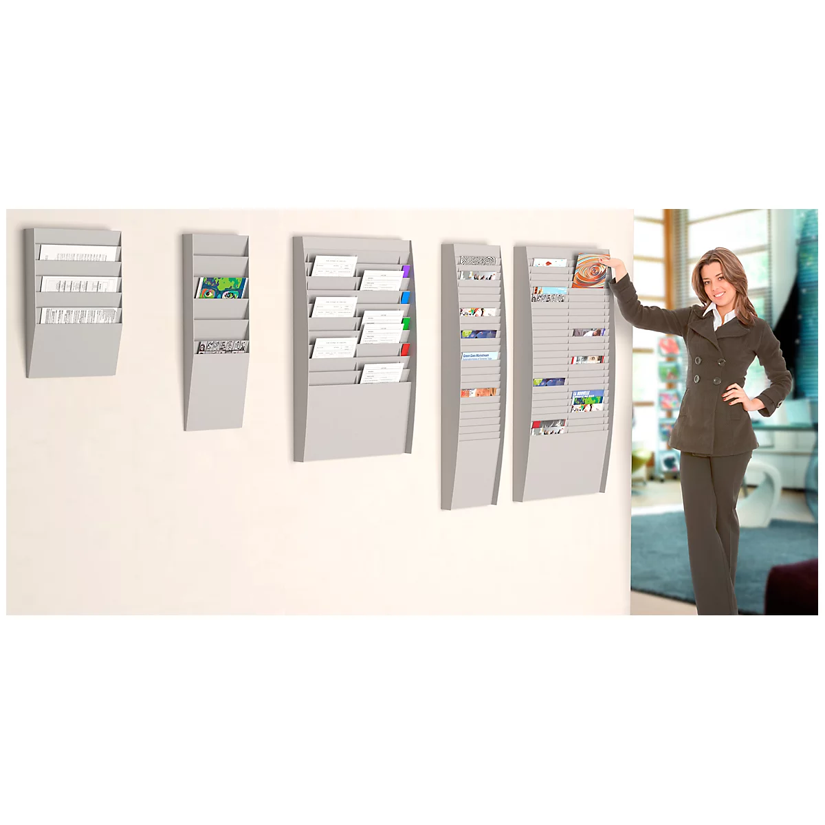 Soporte de pared para folletos Paperflow A4 transversal 6 compartimentos, gris