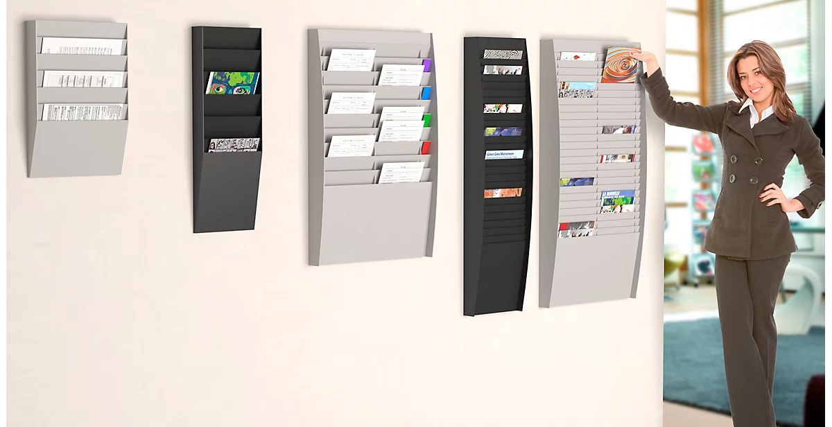 Soporte de pared para folletos Paperflow A4 transversal 6 compartimentos, gris