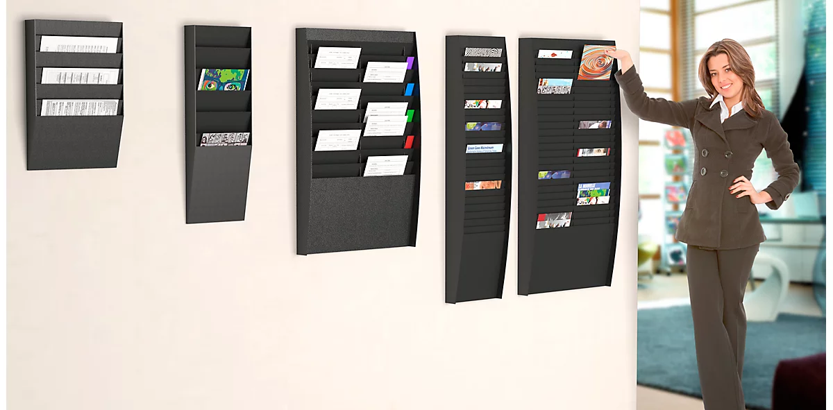 Soporte de pared para folletos Paperflow A4 transversal 6 compartimentos, negro