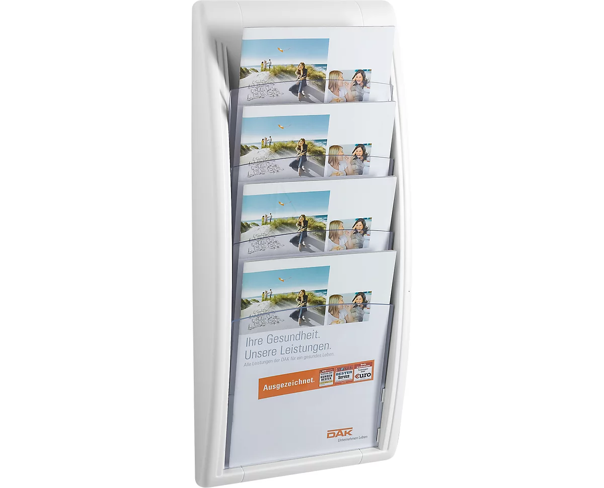 Soporte de pared para folletos Quickfit, 4 compartimentos, DIN A4, blanco