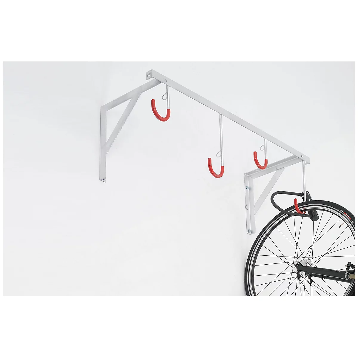 Soporte de pared WSM, unilateral, para ruedas de hasta 65 mm ancho, An 1200 x P 350 x Al 350 mm, protección antirrobo, acero, 4 plazas