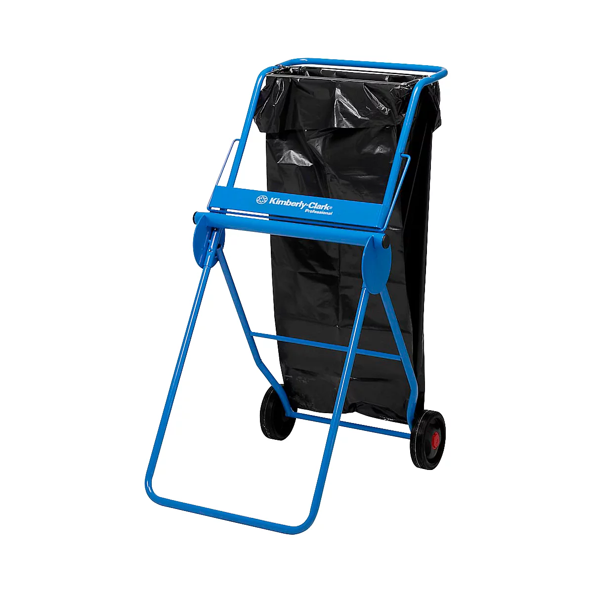 Soporte de bolsa de basura azul con bolsa de basura negra y logo Kimberly-Clark.
