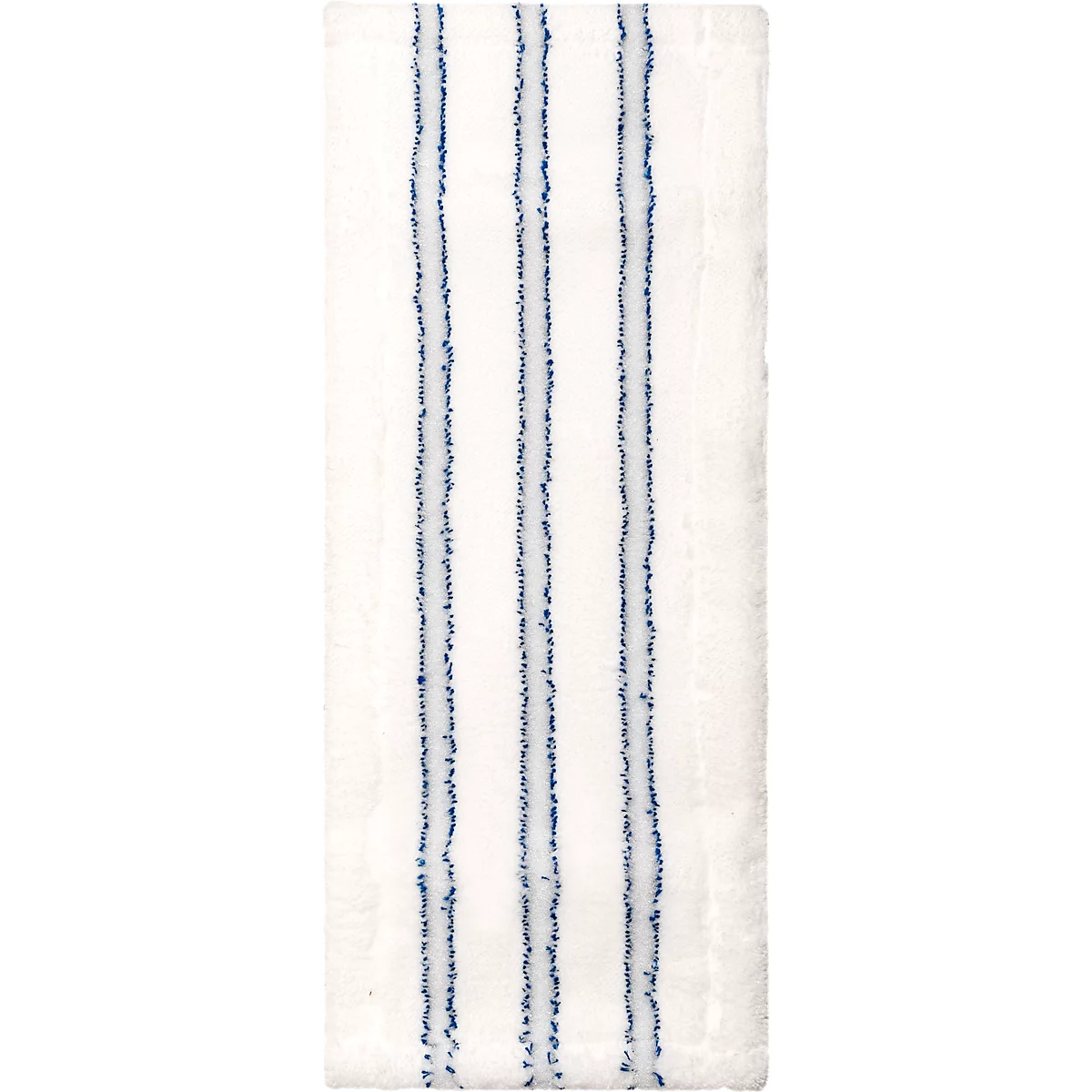 Toalla blanca con tres líneas verticales con rayas azules. Las líneas son ligeramente irregulares.