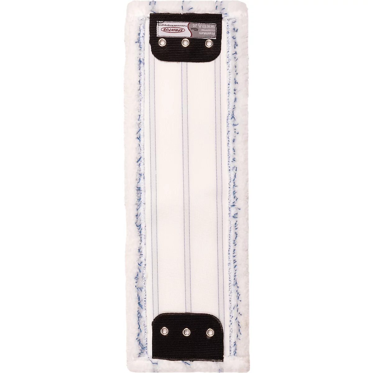 Un cabezal de fregona rectangular, blanco con detalles azules. Soportes negros con remaches plateados en ambos extremos. Una etiqueta es visible.