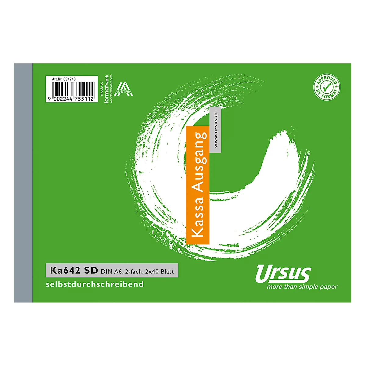 Carnet vert avec motif tourbillonnant blanc et texte. Orange : Kassa Ausgang.