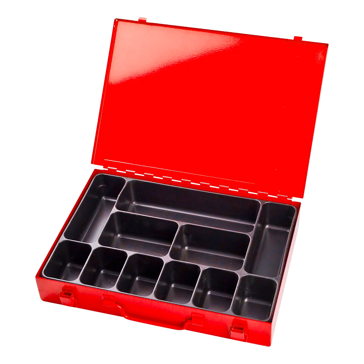 Sortimentskoffer ADB, leer, 11-fache Einteilung, abschließbar, mit Griff, B 330 x T 230 x H 50 mm, Stahl & ABS-Kunststoff, verkehrsrot RAL 3020