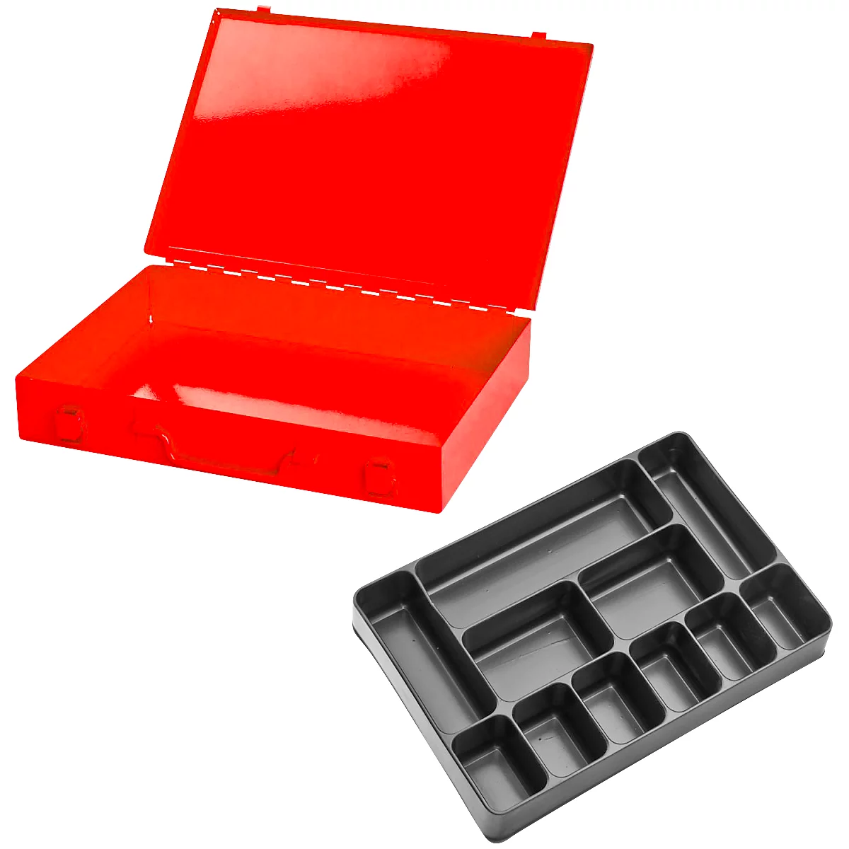 Sortimentskoffer ADB, leer, 11-fache Einteilung, abschließbar, mit Griff, B 330 x T 230 x H 50 mm, Stahl & ABS-Kunststoff, verkehrsrot RAL 3020