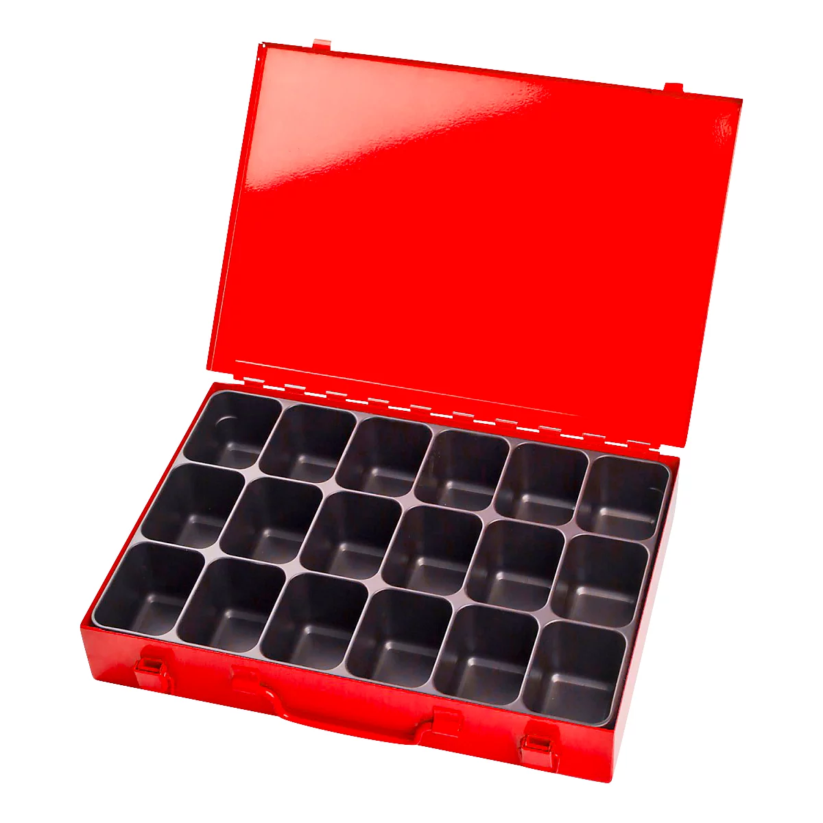 Sortimentskoffer ADB, leer, 18-fache Einteilung, abschließbar, mit Griff, B 330 x T 230 x H 50 mm, Stahl & ABS-Kunststoff, verkehrsrot RAL 3020