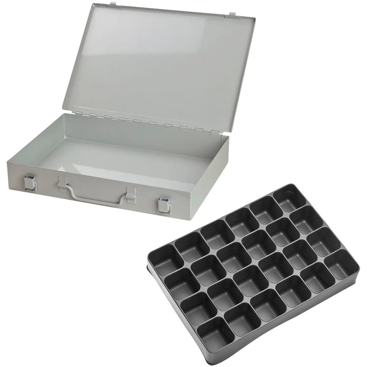 Sortimentskoffer ADB, leer, 24-fache Einteilung, abschließbar, mit Griff, B 330 x T 230 x H 50 mm, Stahl & ABS-Kunststoff, lichtgrau RAL 7035