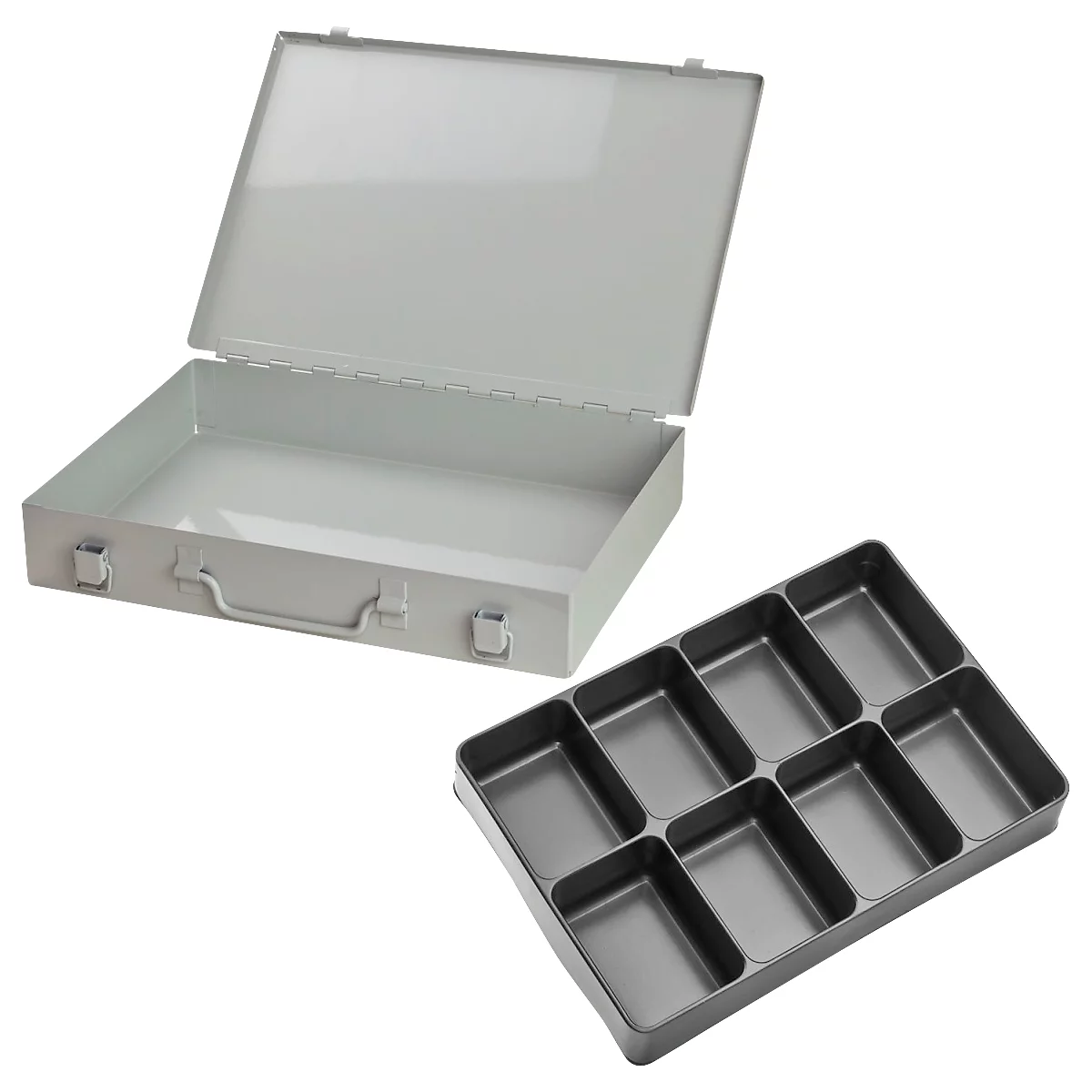 Sortimentskoffer ADB, leer, 8-fache Einteilung, abschließbar, mit Griff, B 330 x T 230 x H 50 mm, Stahl & ABS-Kunststoff, lichtgrau RAL 7035