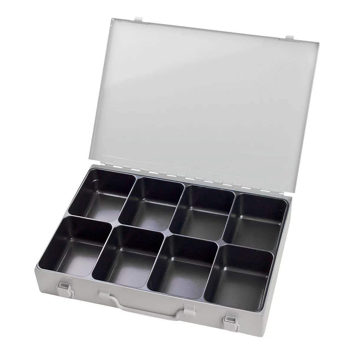 Sortimentskoffer ADB, leer, 8-fache Einteilung, abschließbar, mit Griff, B 330 x T 230 x H 50 mm, Stahl & ABS-Kunststoff, lichtgrau RAL 7035